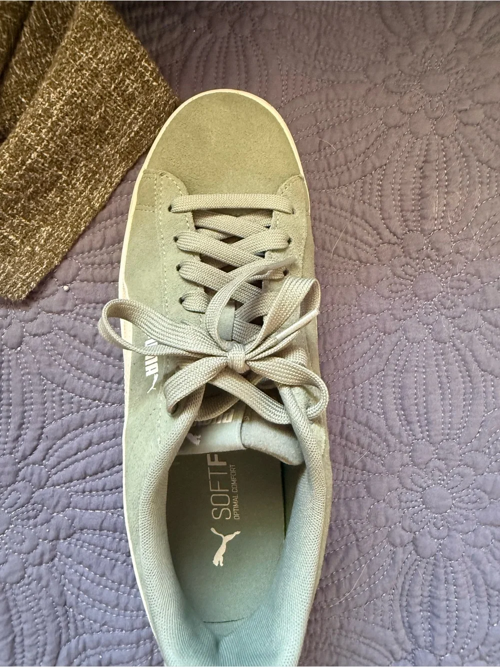 Puma Women's Suede Sneaker in Sage Green with White Stripe